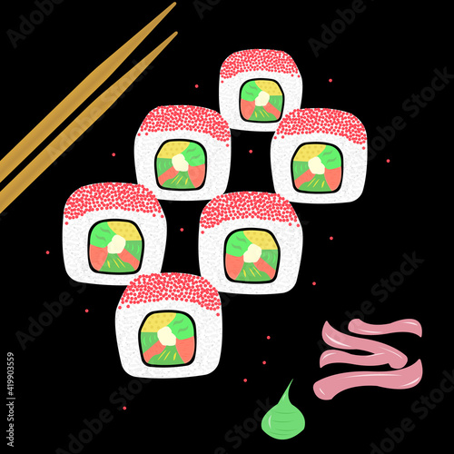 Traditional japanese food sushi with wasabi and ginger and wooden chopsticks on black background