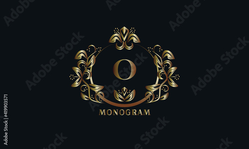 Exquisite bronze monogram on a dark background with the letter O. Stylish logo is identical for a restaurant, hotel, heraldry, jewelry, labels, invitations.
