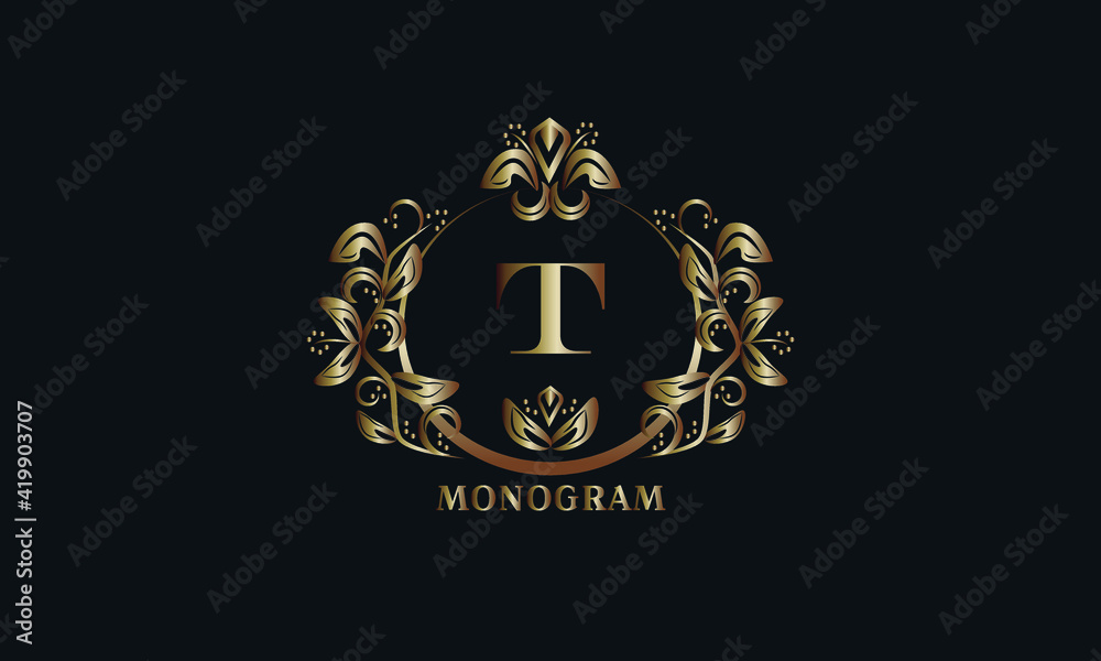 Exquisite bronze monogram on a dark background with the letter T. Stylish logo is identical for a restaurant, hotel, heraldry, jewelry, labels, invitations. Exquisite bronze monogram on a dark background with the letter T. Stylish logo is identical for a restaurant, hotel, heraldry, jewelry, labels, invitations.