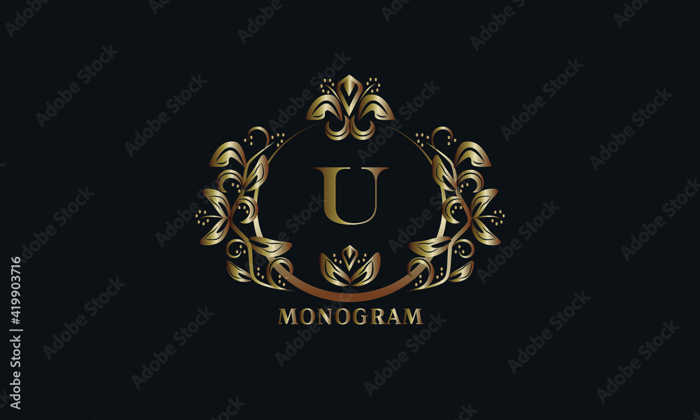 Exquisite bronze monogram on a dark background with the letter U. Stylish logo is identical for a restaurant, hotel, heraldry, jewelry, labels, invitations. Exquisite bronze monogram on a dark background with the letter U. Stylish logo is identical for a restaurant, hotel, heraldry, jewelry, labels, invitations.