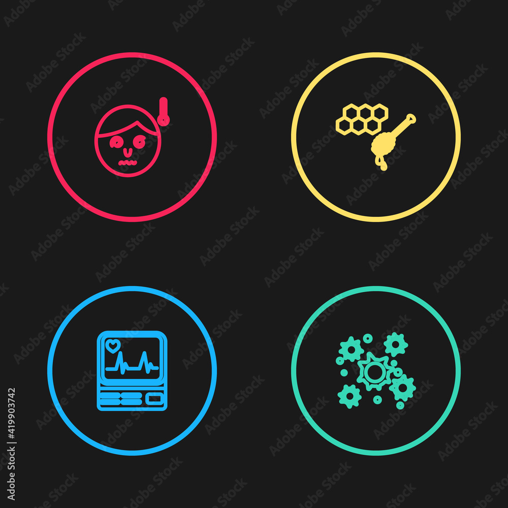 Set line Monitor with cardiogram, Bacteria, Honeycomb honey dipper and High human body temperature icon. Vector Set line Monitor with cardiogram, Bacteria, Honeycomb honey dipper and High human body temperature icon. Vector