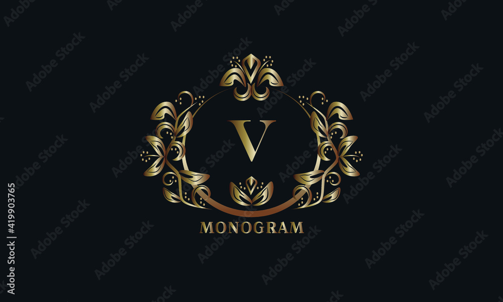 Exquisite bronze monogram on a dark background with the letter V. Stylish logo is identical for a restaurant, hotel, heraldry, jewelry, labels, invitations. Exquisite bronze monogram on a dark background with the letter V. Stylish logo is identical for a restaurant, hotel, heraldry, jewelry, labels, invitations.