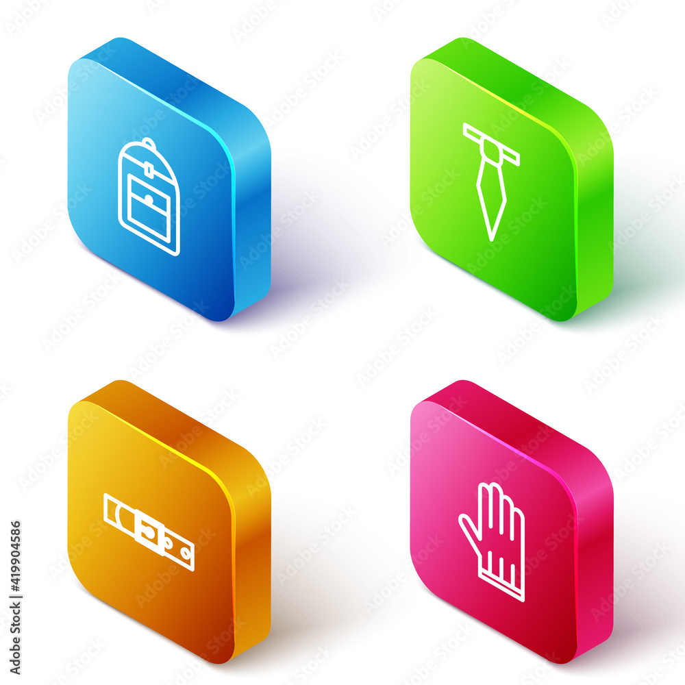 Set Isometric line Backpack, Tie, Leather belt and glove icon. Vector Set Isometric line Backpack, Tie, Leather belt and glove icon. Vector
