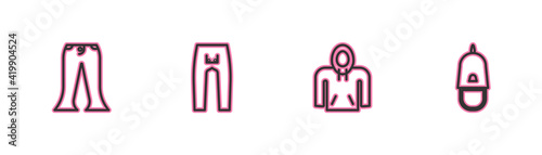 Set line Pants, Hoodie, and Police cap with cockade icon. Vector