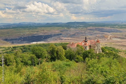 History meets industrial age - Jezeří castle, Horní JIřetín village (near city of Litvínov), West Bohemia, Czech republic,  18. 8. 2020