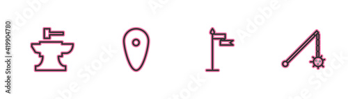 Set line Anvil for blacksmithing hammer, Medieval flag, Shield and chained mace ball icon. Vector