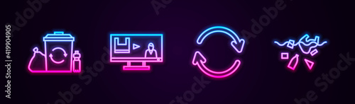 Set line Recycle bin with recycle, Stop plastic pollution, Refresh and Problem of planet. Glowing neon icon. Vector