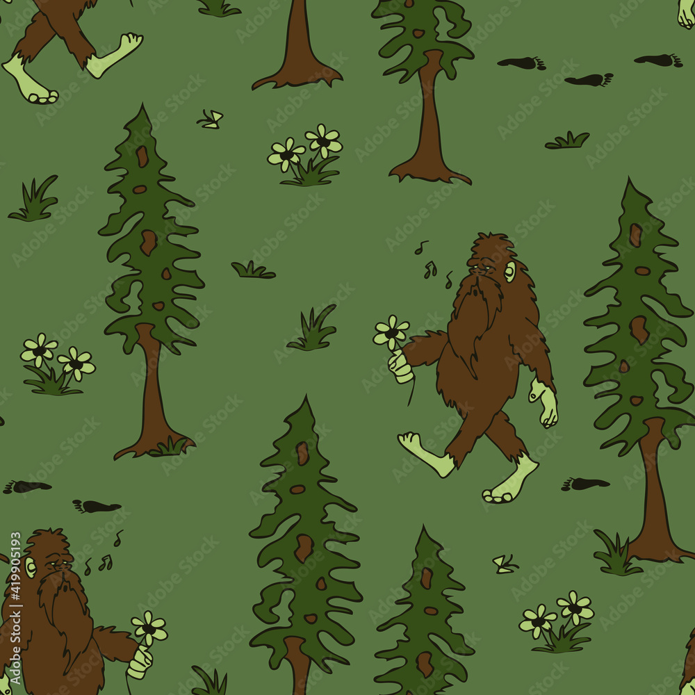 Seamless vector pattern with Bigfoot on grey background. Fun Sasquatch
