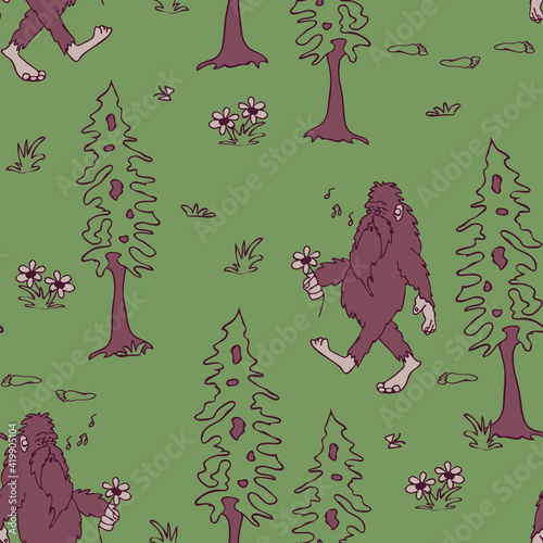 Seamless vector pattern with happy Bigfoot on green background. Mythical animal forest wallpaper design. Hand drawn creature fashion textile.