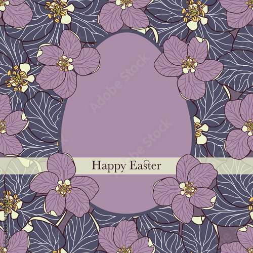Happy Easter greeting card with an egg illustration on seamless purple background decorated with purple apple flowers. Elegant vector greeting card with yellow transparent ribbon.