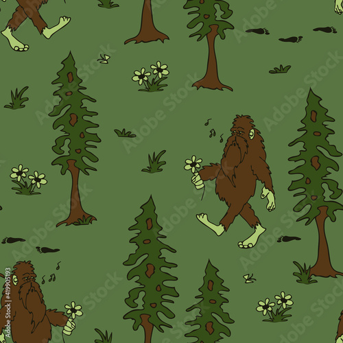Seamless vector pattern with Bigfoot on grey background. Fun Sasquatch wallpaper design. Mythical legend fashion textile.