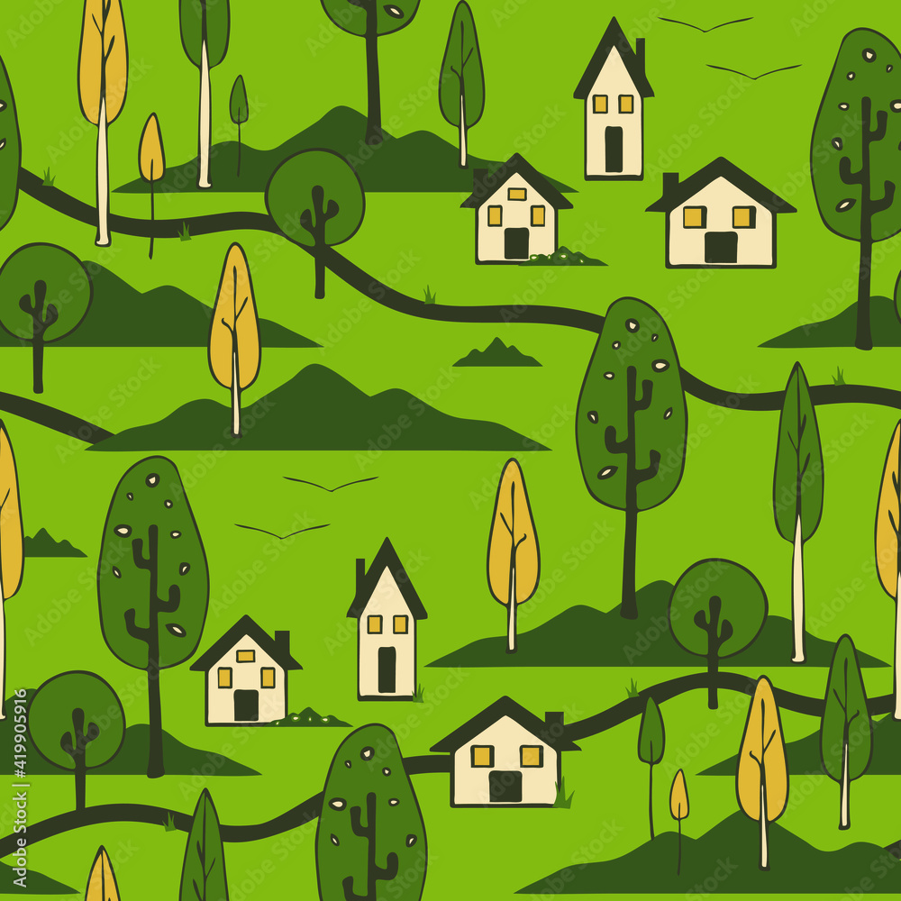 Seamless vector pattern with country house and trees on green background. Simple home landscape wallpaper design. Happy village fashion textile.