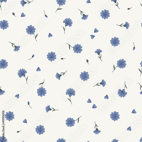 Meadow blue flax wildflower seamless vector pattern. Boho botanical floral background. Delicate field flower and petals herbarium illustration.