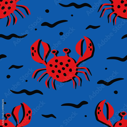 Seamless vector pattern with crabs on blue background. Simple hand drawn sea life wallpaper design. Underwater fashion textile.