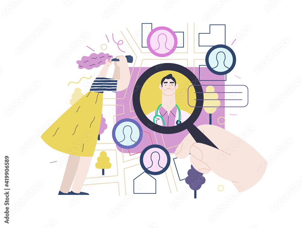 Find a doctor -medical insurance illustration -modern flat vector concept digital illustration - a hand with a magnifying glass, a woman with binocular, doctors portraits - a doctor searching metaphor Find a doctor -medical insurance illustration -modern flat vector concept digital illustration - a hand with a magnifying glass, a woman with binocular, doctors portraits - a doctor searching metaphor