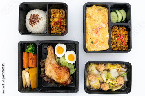 Four lunch box set. Thai food concept isolate in white background.