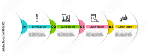 Set line Bottle of vodka, Aquarium, Fishing boots and Spinning reel for fishing. Business infographic template. Vector