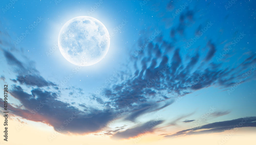 Fototapeta premium Night sky with moon in the clouds with falling star 