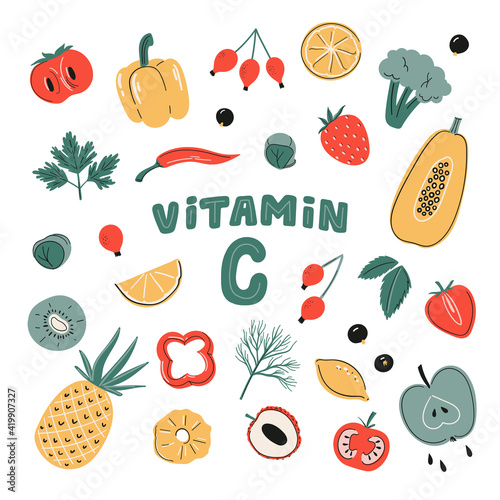 Vector vitamin C sources set. Fruits, vegetables and berries collection. Healthy food, dietetics products, organic. Cartoon flat illustration