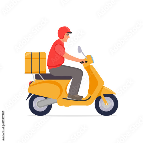 Delivery  the guy on the moped is carrying parcel . Flat cartoon design.