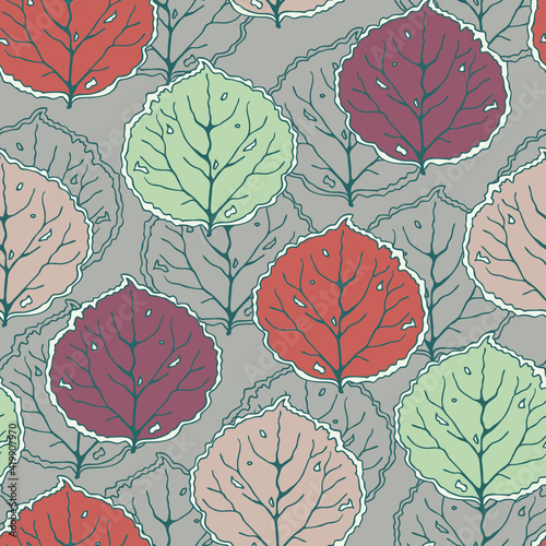 Seamless vector  pattern with leaves on blue background. Beautiful  modern floral wallpaper design. Happy seasonal fashion textile.