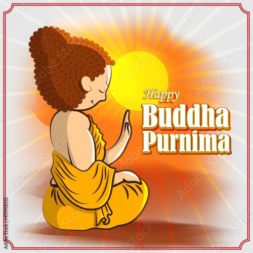 Indian Buddha Purnima festival with text, illustration is showing Buddha seating and absorbed in meditation