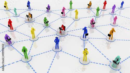 Social network concept, every colorful character is connected through a technological device to internet. White background.