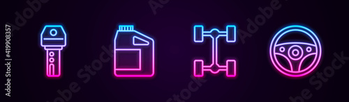 Set line Car key with remote, Canister for motor oil, Chassis car and Steering wheel. Glowing neon icon. Vector