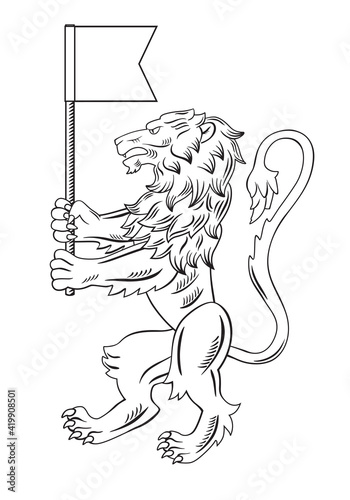 Heraldic lion. Black and white drawing. The lion is holding a flag. Vector graphics