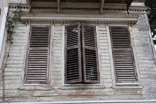 selective focus. Old building with shutters in Buyukada. Turkey Istanbul