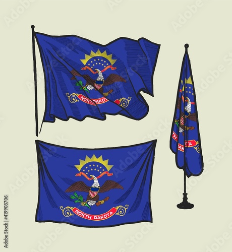 Flag of North Dakota on the wind and on the wall hand drawn illustration set.