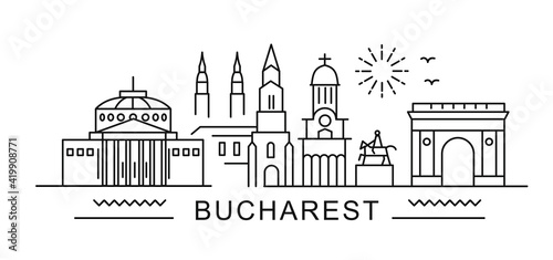 city of Bucharest in outline style on white. Landmarks sign with inscription. photo