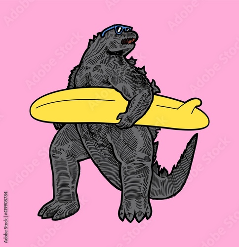 God of monsterssurfing. Japanese dinosaur movie character with a surfboard. Summer sports character