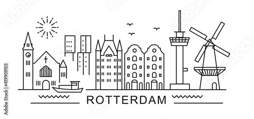 Rotterdam minimal style City Outline Skyline with Typographic. Vector cityscape with famous landmarks. Illustration for prints on bags, posters, cards. 