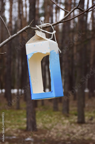 Fotótapéta A homemade bird feeder cut from a cardboard box hangs on a branch in the park