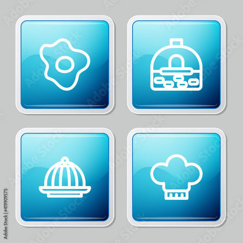 Set line Scrambled eggs, Brick stove, Pudding custard and Chef hat icon. Vector