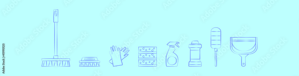 set of cleaning tools cartoon design template with various models. vector illustration isolated on background set of cleaning tools cartoon design template with various models. vector illustration isolated on background