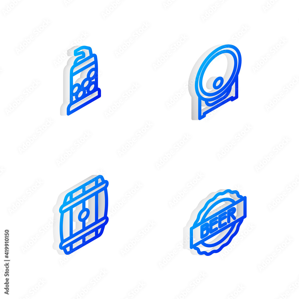 Set Isometric line Wooden barrel on rack, Bottle opener, and cap with beer icon. Vector Set Isometric line Wooden barrel on rack, Bottle opener, and cap with beer icon. Vector