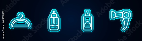 Set line Hanger wardrobe, Essential oil bottle, Spray can for hairspray and Hair dryer. Glowing neon icon. Vector