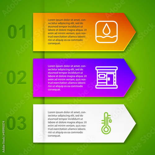 Set line Water drop, Sauna wooden bathhouse and thermometer. Business infographic template. Vector