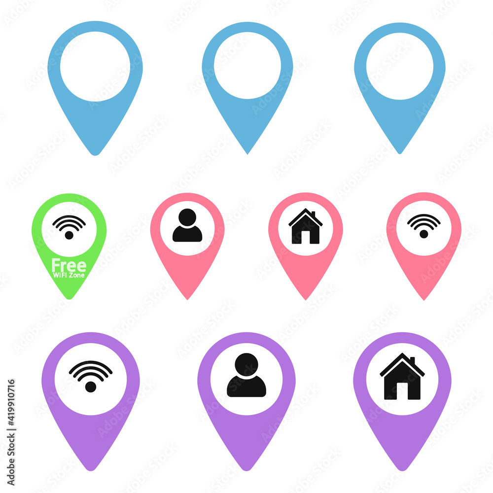 Pointer icons, flat graphic design template, set symbols for map, vector illustration Pointer icons, flat graphic design template, set symbols for map, vector illustration