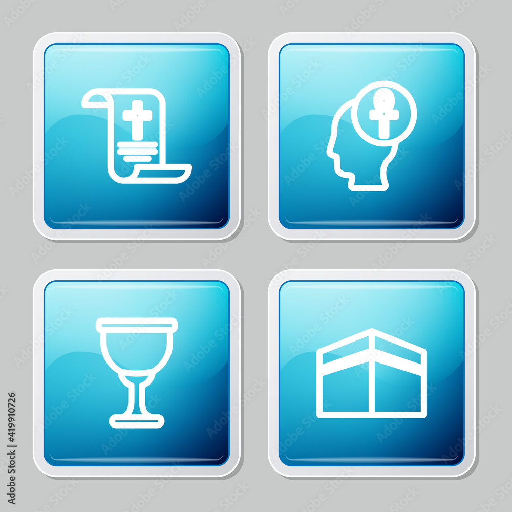 Set line Decree, paper, parchment, scroll, Cross ankh, Holy grail or chalice and Kaaba mosque icon. Vector Set line Decree, paper, parchment, scroll, Cross ankh, Holy grail or chalice and Kaaba mosque icon. Vector