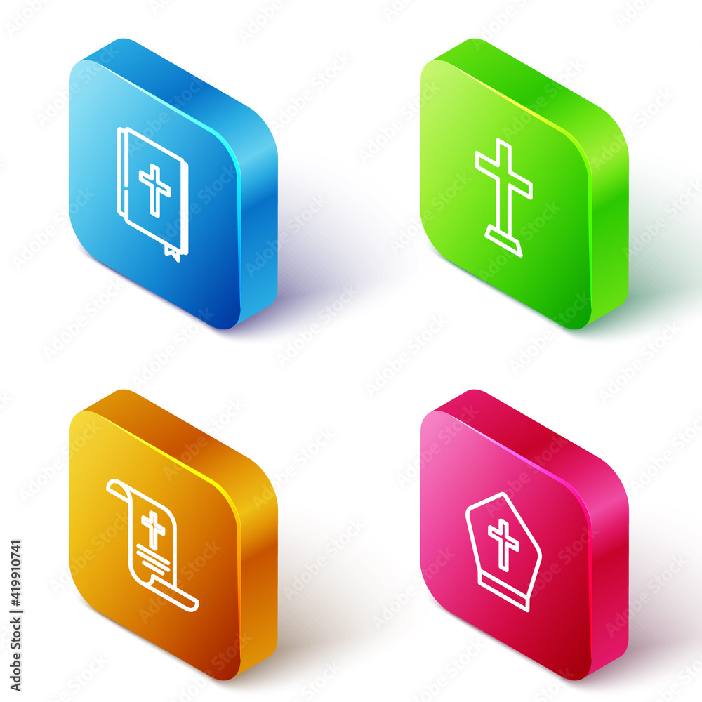 Set Isometric line Holy bible book, Christian cross, Decree, paper, parchment, scroll and Pope hat icon. Vector
