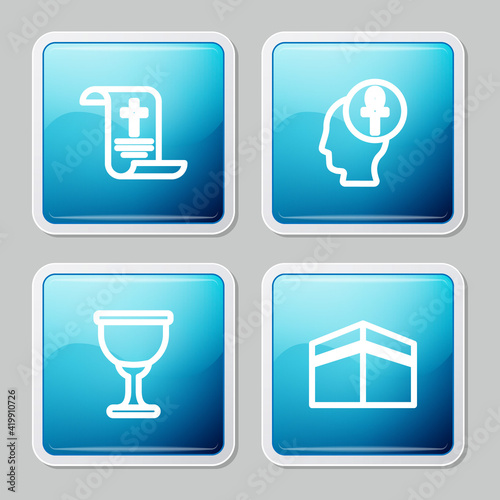 Set line Decree, paper, parchment, scroll, Cross ankh, Holy grail or chalice and Kaaba mosque icon. Vector