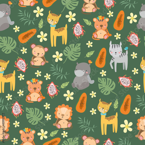 Seamless safari pattern with animals and tropical fruits. cute pattern with baby animals of Africa. Tropical background for toddlers