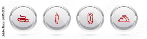 Set line Cigar, Hot chili pepper pod, Burrito and Volcano eruption with lava. Silver circle button. Vector