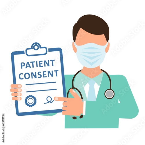 The patient's consent to the medical procedure. Vector illustration isolated on white background.