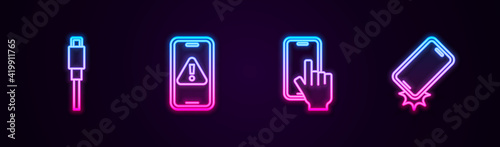 Set line USB cable cord, Mobile with exclamation mark, Phone repair service and Shockproof phone. Glowing neon icon. Vector