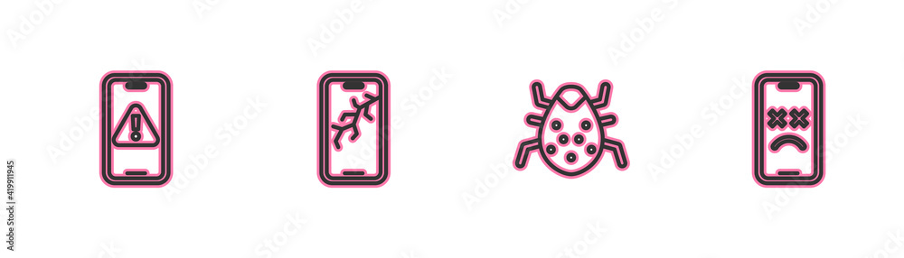 Set line Mobile with exclamation mark, System bug, broken screen and Dead mobile icon. Vector Set line Mobile with exclamation mark, System bug, broken screen and Dead mobile icon. Vector