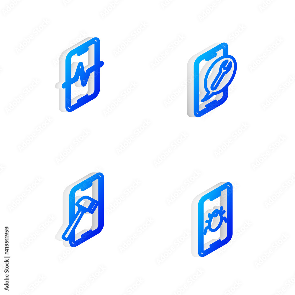 Set Isometric line Mobile service, Phone repair, with broken screen and System bug mobile icon. Vector Set Isometric line Mobile service, Phone repair, with broken screen and System bug mobile icon. Vector